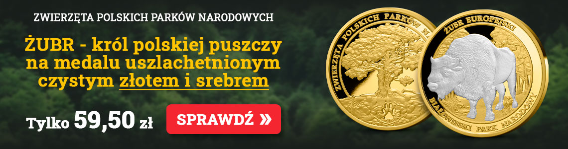 Żubr europejski – król polskiej puszczy na medalu uszlachetnionym czystym złotem i srebrem