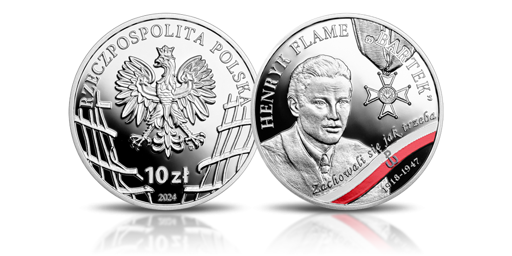 Henryk Flame na srebrnej monecie NBP.