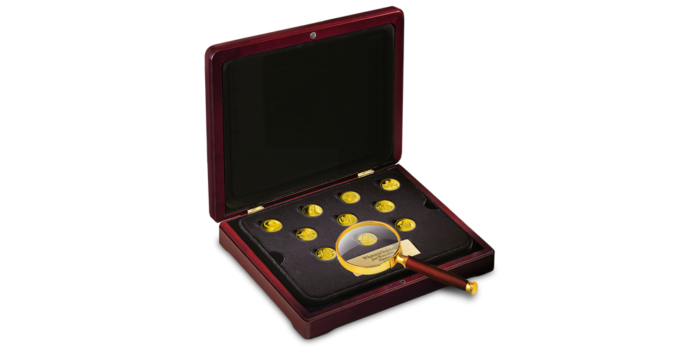  eleganckie pudełko z lupą numizmatyczną i tabliczką z numeracją kolekcji
