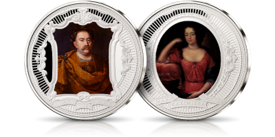 Jan III Sobieski i Maria Kazimiera. Zestaw w pudełku: złoty medal i dwie srebrne monety