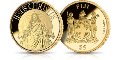 Wizerunek Chrystusa na tronie - złota moneta na podstawie rzeźby z Bazyliki św. Piotra w Watykanie 
