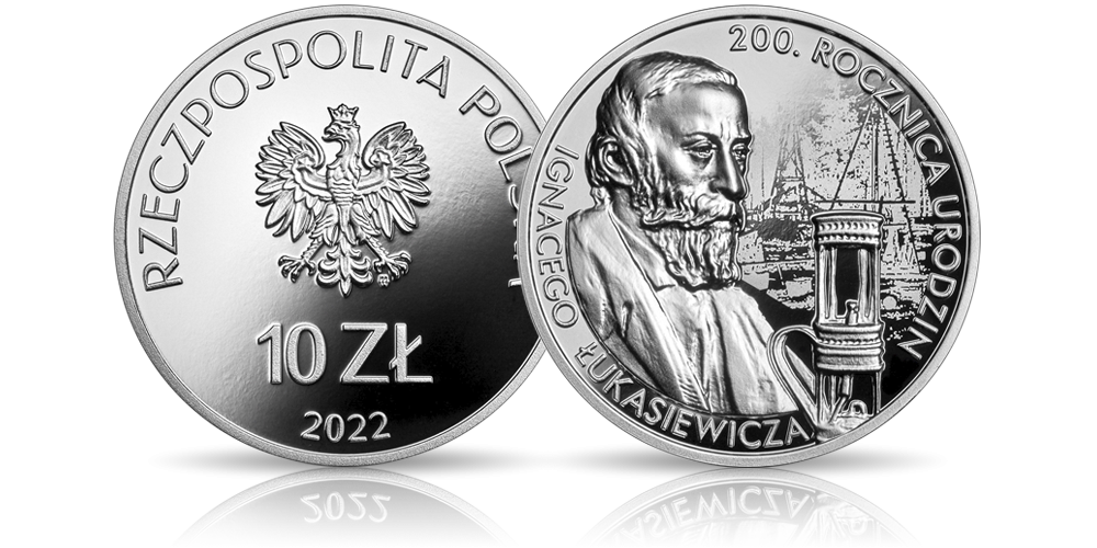 Łukasiewicz na srebrnej monecie NBP.