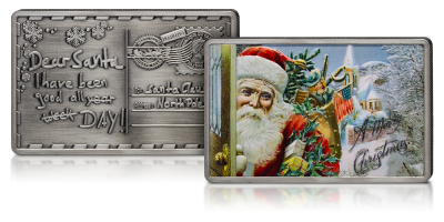 Pocztówka z Mikołajem - uszlachetniona srebrem moneta w kształcie świątecznej karty