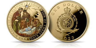 Pokłon Trzech Króli na monecie platerowanej 24-karatowym złotem 