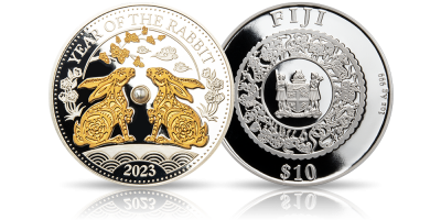 Chiński Rok Królika - srebrna moneta ozdobiona białą perłą
