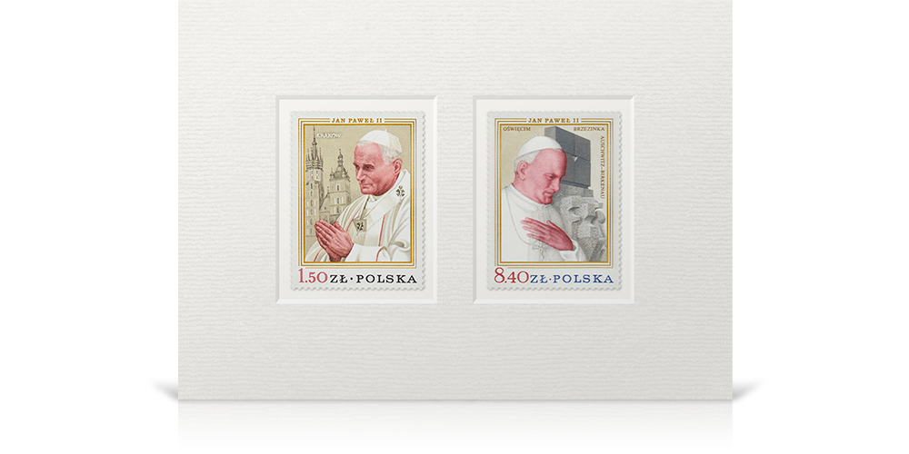 Jan Paweł II na znaczkach umieszczonych w ramce.