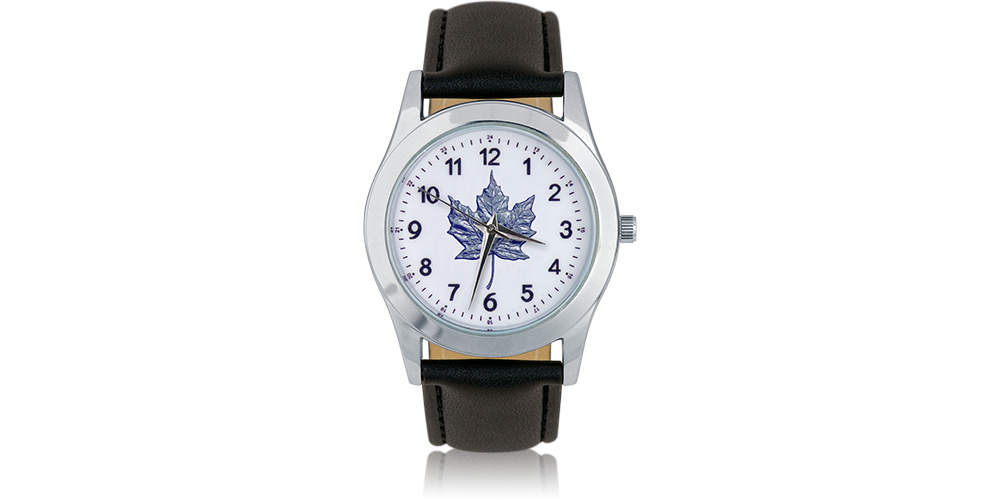 Elegancki zegarek z motywem liścia klonowego i skórzanym paskiem