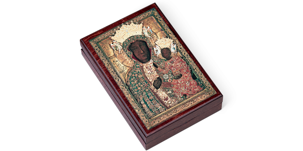  pudełko z reprodukcją obrazu czarrnej madonny w rubionowej sukni