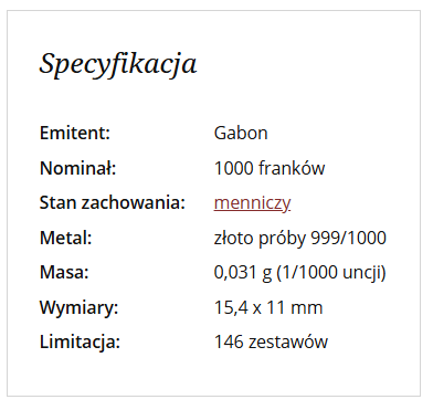 specyfikacja monet kolekcjonerskich