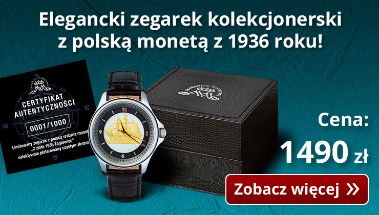 Limitowany zegarek z polską srebrną monetą 2 złote 1936 Żaglowiec selektywnie platerowany czystym złotem!