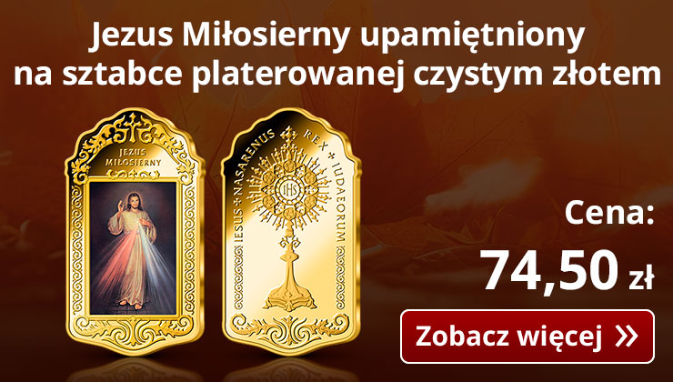 Obraz Jezusa Miłosiernego upamiętniony na sztabce kolekcjonerskiej uszlachetnionej 24-karatowym złotem