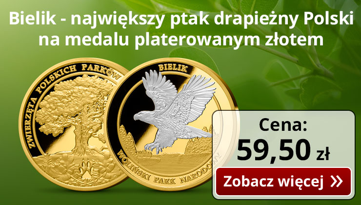 Bielik - największy ptak drapieżny Polski na medalu kolekcjonerskim uszlachetnionym czystym złotem i srebrem