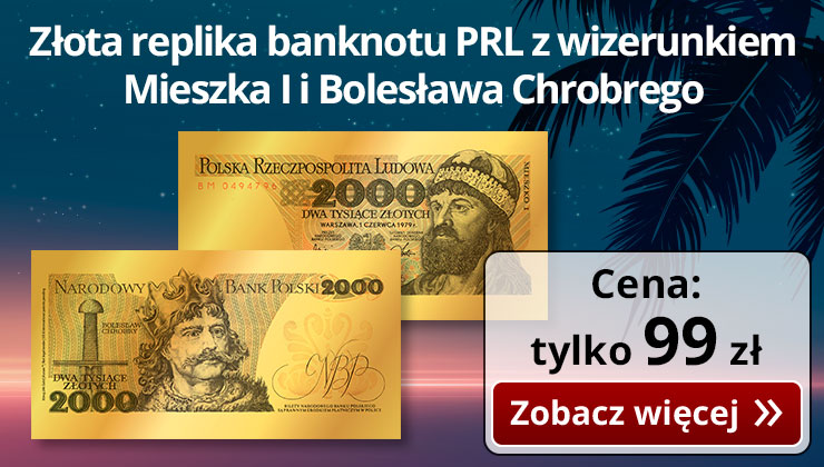 Złota replika kultowego banknotu z wizerunkiem Mieszka I i Bolesława Chrobrego