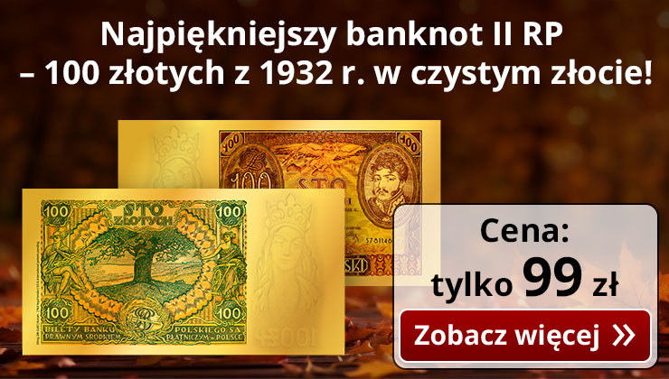 Złota replika 100 złotych z 1932 r.z wizerunkiem ks. Józefa Poniatowskiego