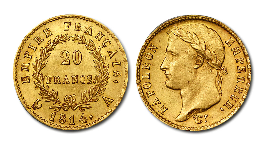 Francuska złota moneta Napoleona Bonaparte z 1814 r.