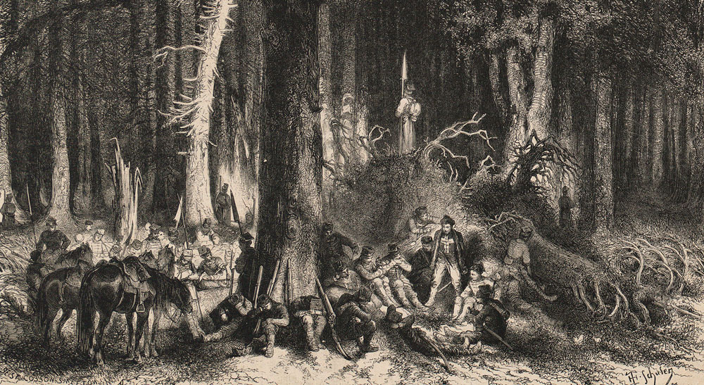 Postój ochotników w lasach litewskich; ilustracja z pisma „L'Illustration Journal Universel” z 1863 r.