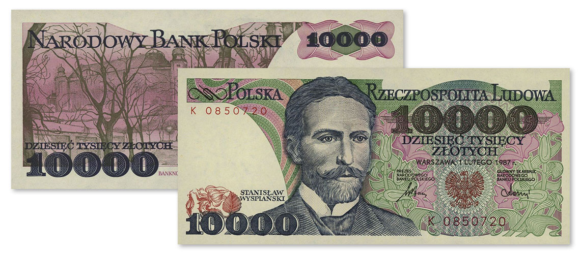 Andrzej Heidrich, banknot o nominale 10 000 złotych z portretem Stanisława Wyspiańskiego, i reprodukcją obrazu „Planty o świcie”