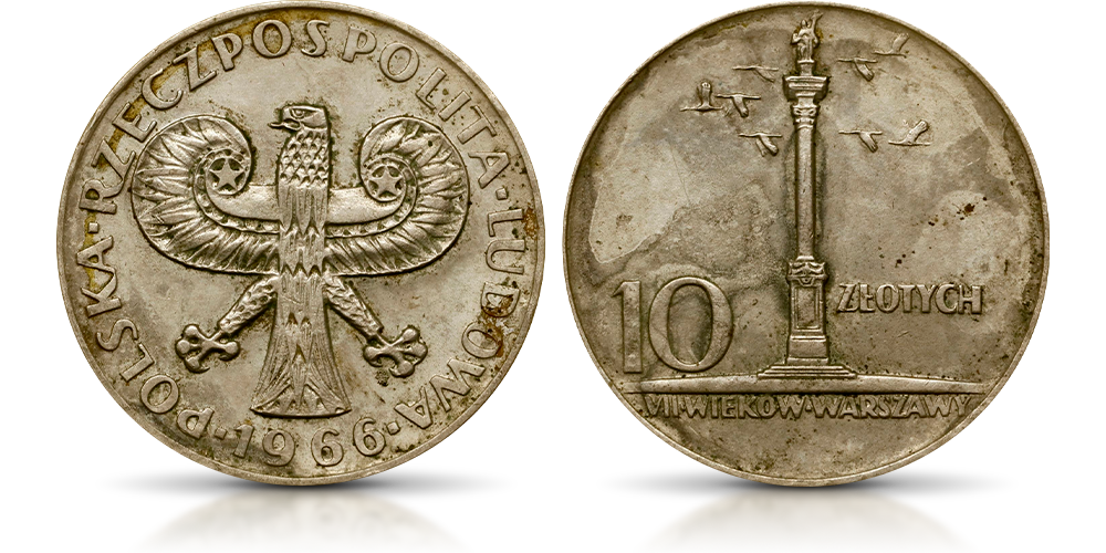 10 złotych z 1966 r., przykład monety w znakomitym stanie menniczym - II