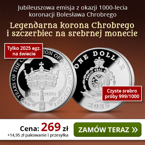Legendarna korona Chrobrego i szczerbiec na srebrnej monecie