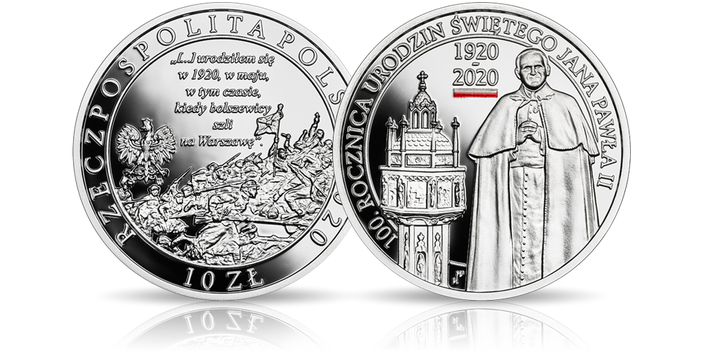 100. rocznica urodzin Jana Pawła II. Srebrna moneta z drukiem UV. 100. rocznica urodzin Jana Pawła II. Srebrna moneta z drukiem UV.