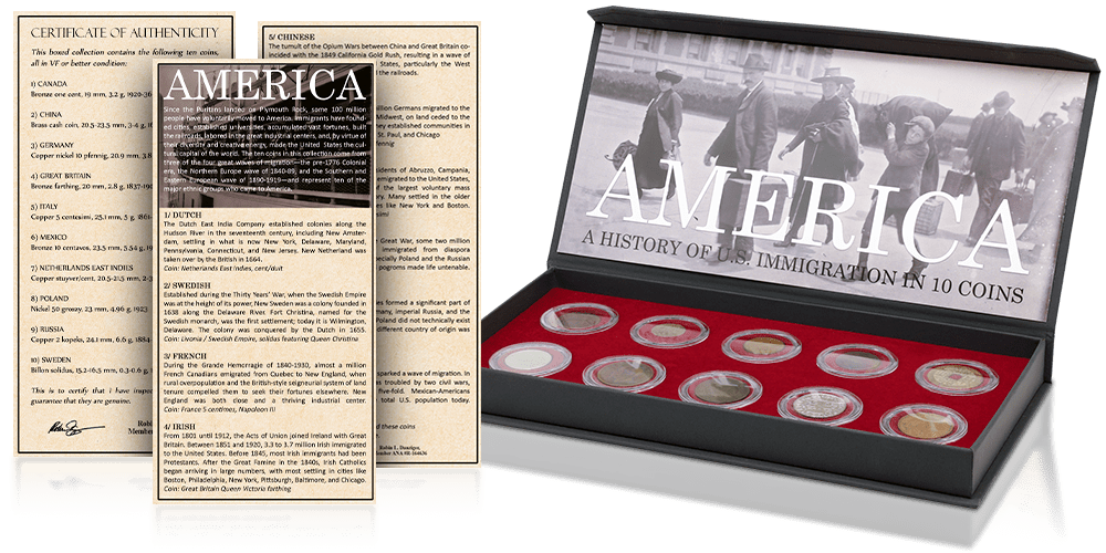 zestaw 10 monet 250 lat emigracji do USA w pudełku