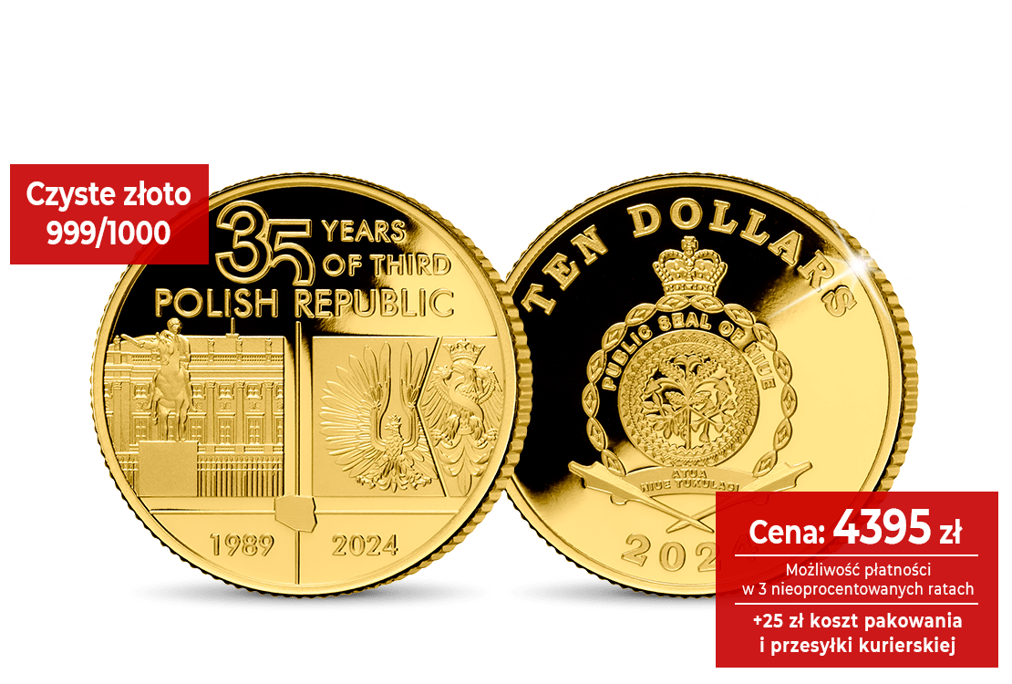 Miejsce Na Napis Na Monecie Lub Medalu 35 lat III Rzeczypospolitej na złotej monecie o masie 1/5 uncji