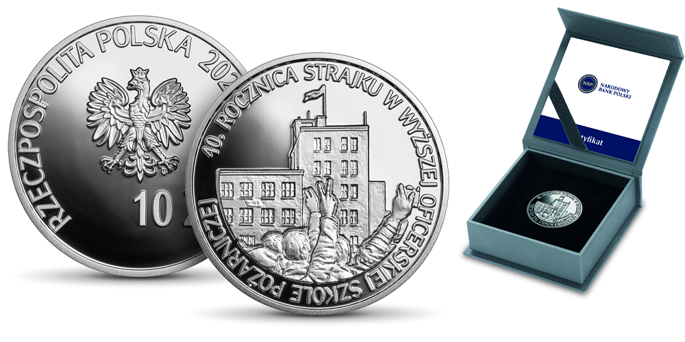 Strajk w Wyższej Oficerskiej Szkole Pożarniczej na srebrnej monecie NBP. Strajk w Wyższej Oficerskiej Szkole Pożarniczej na srebrnej monecie NBP.