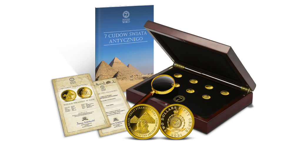7 Cudów Świata Antycznego - szkatuła, lupa numizmatyczna, książka, Certyfikat Autentyczności i Świadectwo Własności