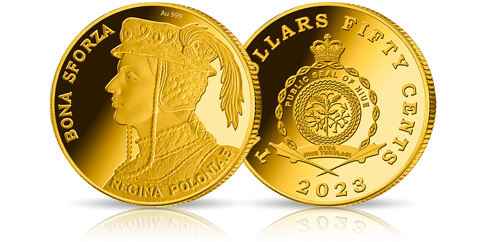 Kolekcja 7 najsłynniejszych polskich królowych - Bona Sforza - moneta ze złota próby 999/1000, najwyższa jakość mennicza, stempel lustrzany