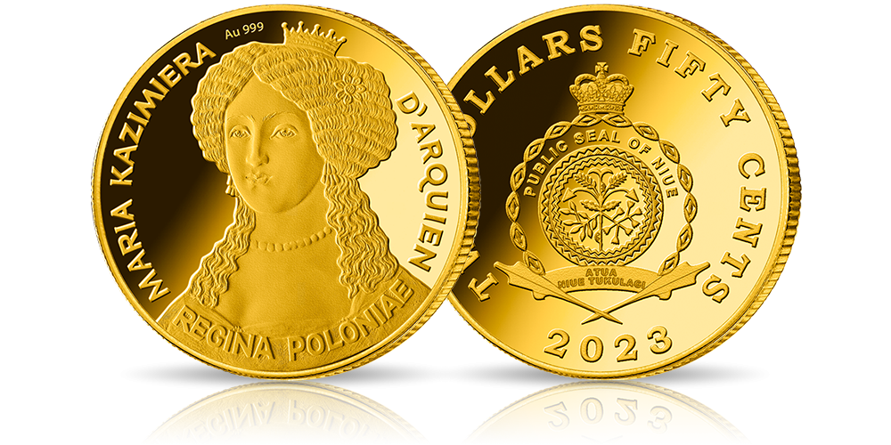 Kolekcja 7 najsłynniejszych polskich królowych - Maria Kazimiera d'Arquien (Marysieńska Sobieska) - moneta ze złota próby 999/1000, najwyższa jakość mennicza, stempel lustrzany