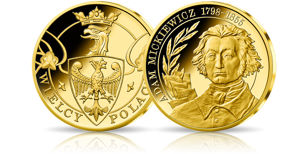  Adam Mickiewicz na medalu pamiątkowym wybitym w 14 karatowym złocie