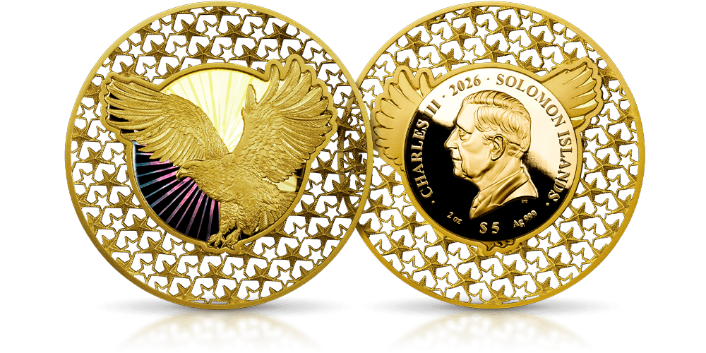 Amerykański orzeł na monecie wybitej w czystym srebrze.