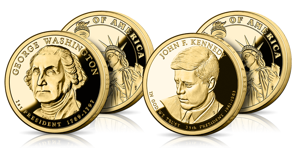 Słynne amerykańskie dolary prezydenckie uszlachetnione czystym złotem. Pierwszy prezydent USA - Jerzy Waszyngton, trzydziesty piąty prezydent USA - John F. Kennedy