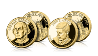 Słynne amerykańskie dolary prezydenckie uszlachetnione czystym złotem. Pierwszy prezydent USA - Jerzy Waszyngton, trzydziesty piąty prezydent USA - John F. Kennedy