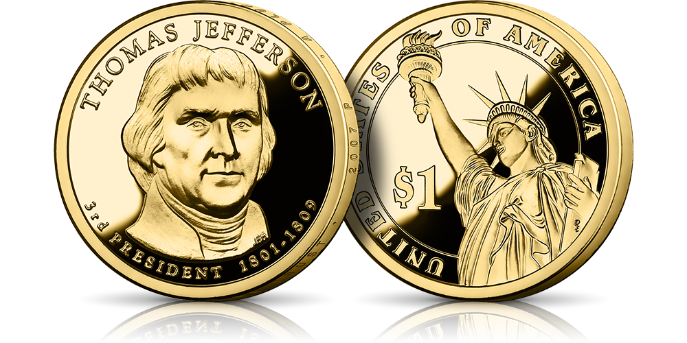 Słynne amerykańskie dolary prezydenckie uszlachetnione czystym złotem. Thomas Jefferson 3 prezydent USA.