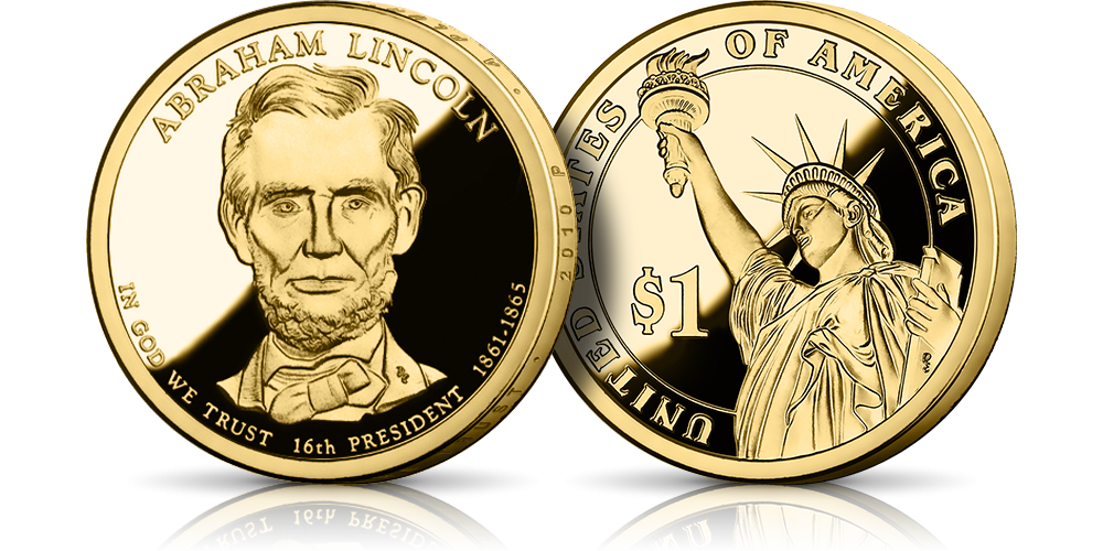  Słynne amerykańskie dolary prezydenckie uszlachetnione czystym złotem. Abraham Lincoln 16 prezydent USA.