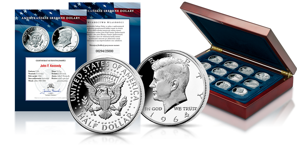 Kolekcja Amerykańskie Srebrne Dolary - srebrna półdolarówka z 1964 roku - JFK, certyfikat autentyczności, świadectwo własności, drewniana szkatuła