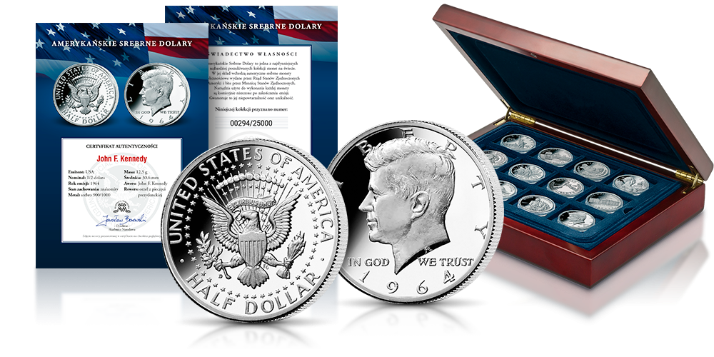 Kolekcja Amerykańskie Srebrne Dolary - srebrna półdolarówka z 1964 roku - JFK, certyfikat autentyczności, świadectwo własności, drewniana szkatuła Kolekcja Amerykańskie Srebrne Dolary - srebrna półdolarówka z 1964 roku - JFK, certyfikat autentyczności, świadectwo własności, drewniana szkatuła