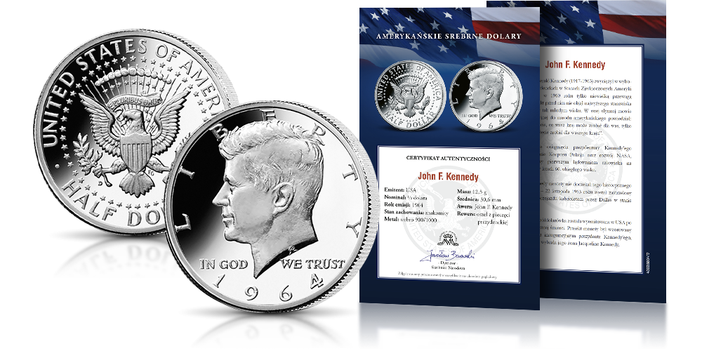 Oficjalna srebrna półdolarówka John F. Kennedy z 1964 roku z Certyfikatem Autentyczności