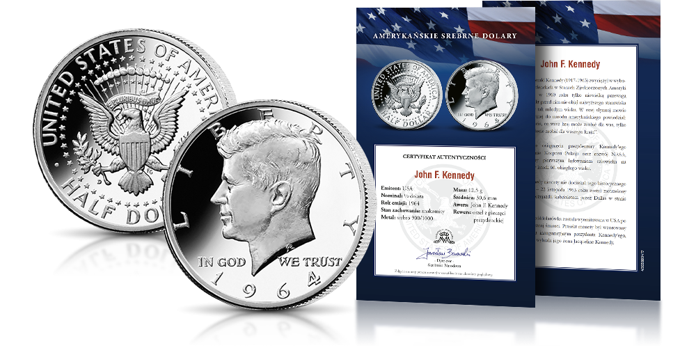 Oficjalna srebrna półdolarówka John F. Kennedy z 1964 roku z Certyfikatem Autentyczności Oficjalna srebrna półdolarówka John F. Kennedy z 1964 roku z Certyfikatem Autentyczności