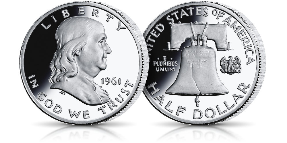 Oficjalna srebrna półdolarówka USA upamiętniająca Benjamina Franklina - Amerykańskie Srebrne Dolary w kolekcjonerskim folderze.