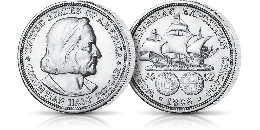 Oficjalna srebrna półdolarówka USA - Wystawa Kolumba - Amerykańskie Srebrne Dolary w kolekcjonerskim folderze.