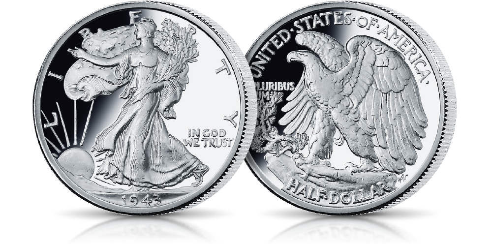Oficjalna srebrna półdolarówka USA z Walking Liberty - Amerykańskie Srebrne Dolary w kolekcjonerskim folderze.