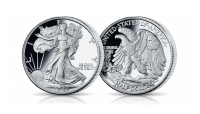Oficjalna srebrna półdolarówka USA z Walking Liberty - Amerykańskie Srebrne Dolary w kolekcjonerskim folderze.