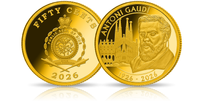 Antoni Gaudí na złotej monecie wykonanej stemplem lustrzanym