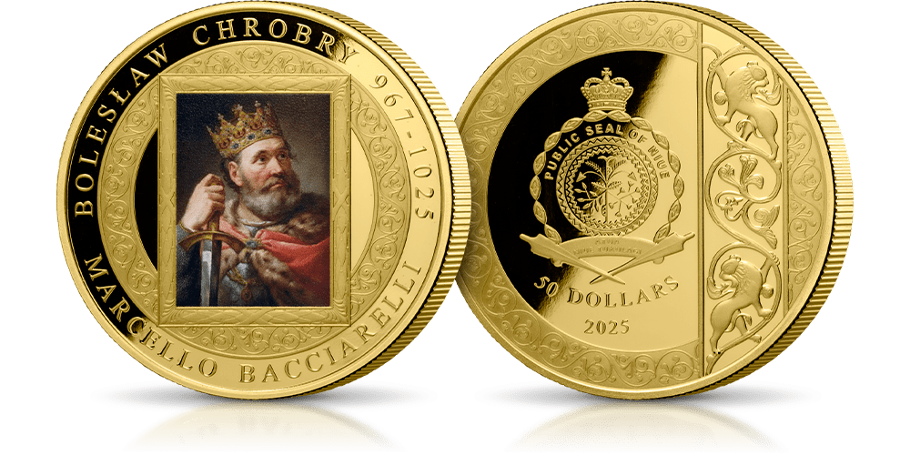 1000-lecie koronacji Bolesława Chrobrego. Jubileuszowa emisja wybita z 1/2 uncji czystego złota próby 999/1000 ozdobiona reprodukcją obrazu M. Bacciarellego.