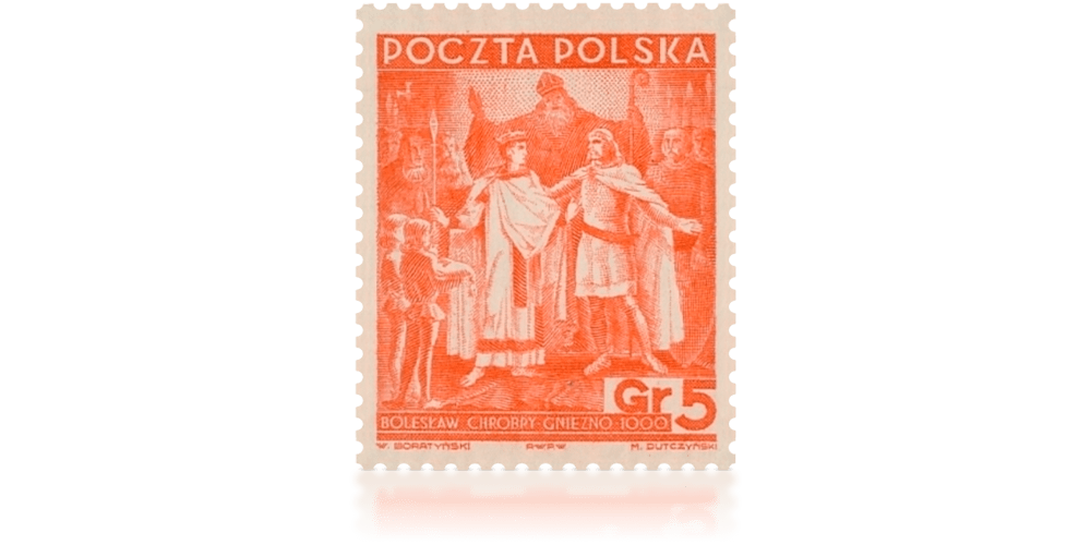 Oryginalny znaczek pocztowy z 1938 roku o nominale 5 gr. Przedstawia on Bolesława Chrobrego, który wita cesarza niemieckiego Ottona III w Gnieźnie  w 1000 roku.
