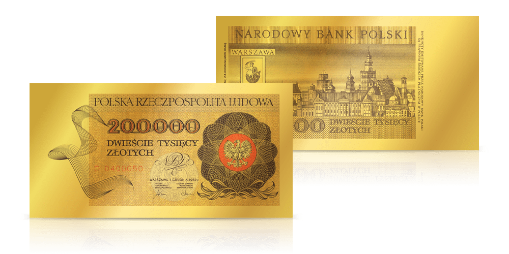 Replika banknotu 200 000 zł w złocie z wizerunkiem orła PRL i panoramą Warszawy