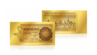 Replika banknotu 200 000 zł w złocie z wizerunkiem orła PRL i panoramą Warszawy