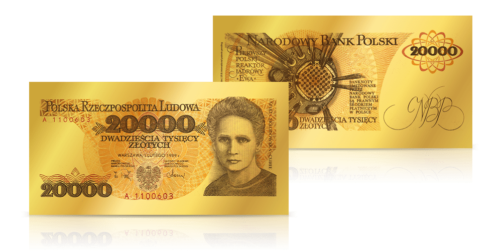 Replika banknotu 20 000 zł w złocie z wizerunkiem Marii Skłodowskiej-Curie